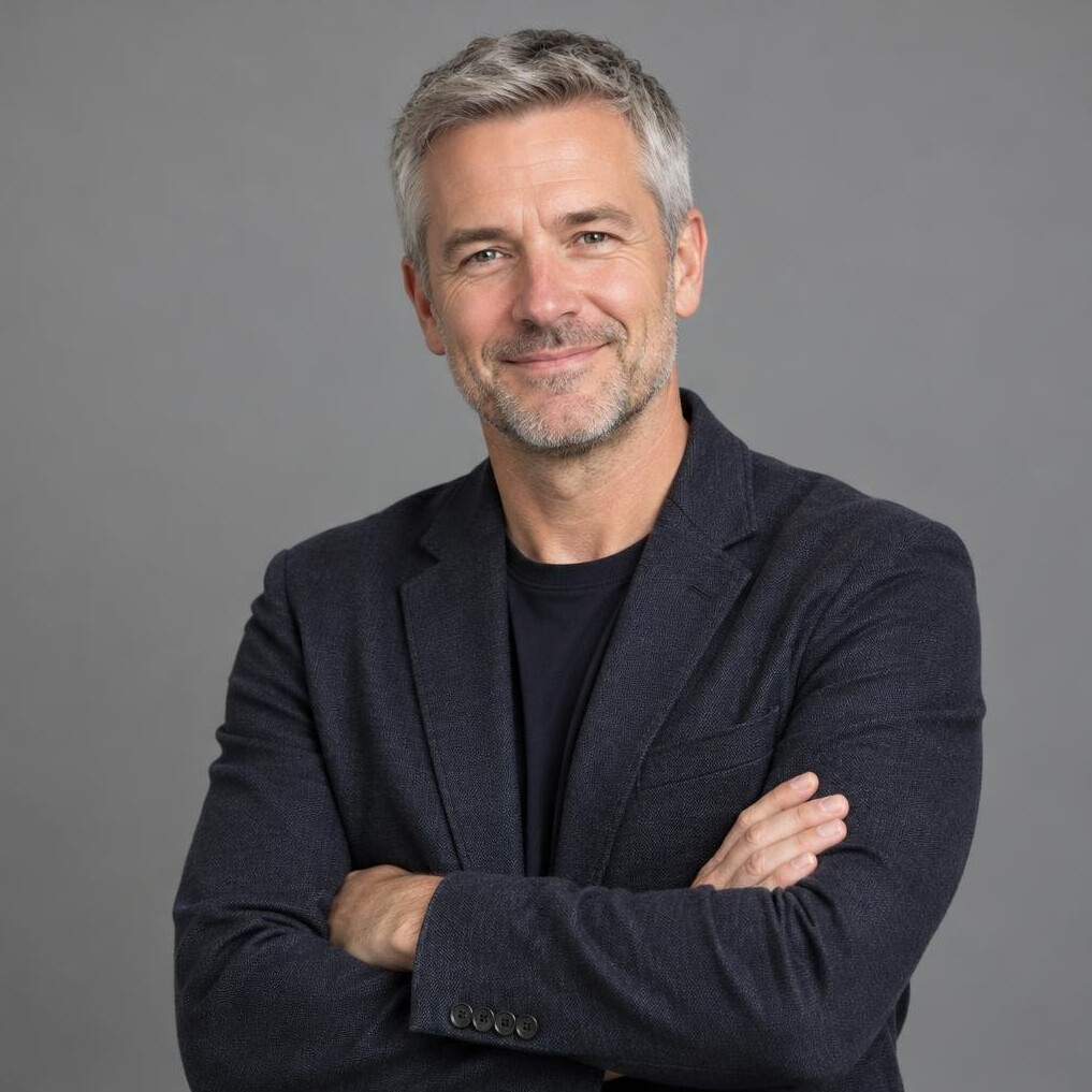 Portrait of a smiling middle-aged British man with short grey hair in a dark jacket