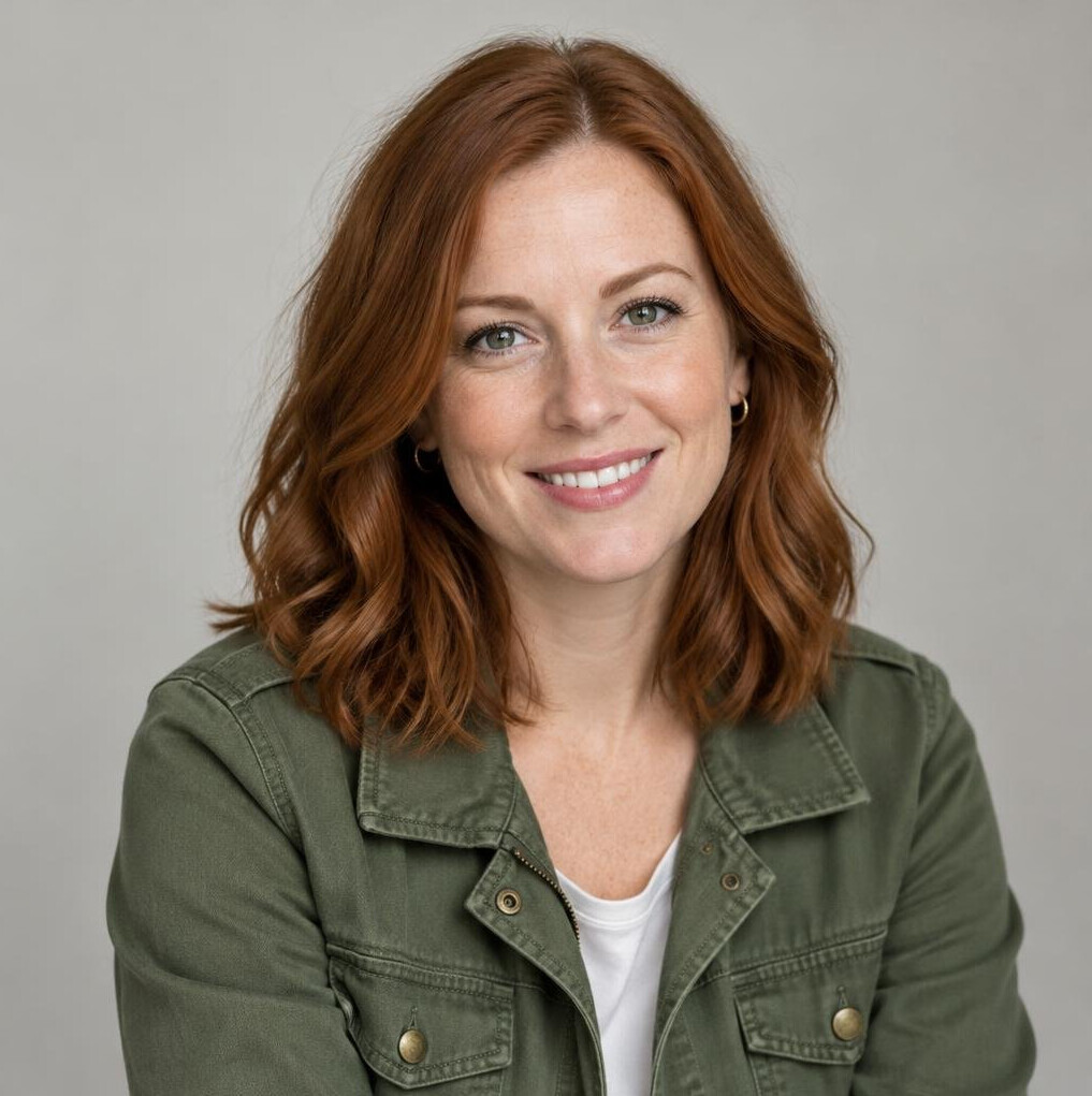 Portrait of a smiling young white British woman with red hair in a green jacket